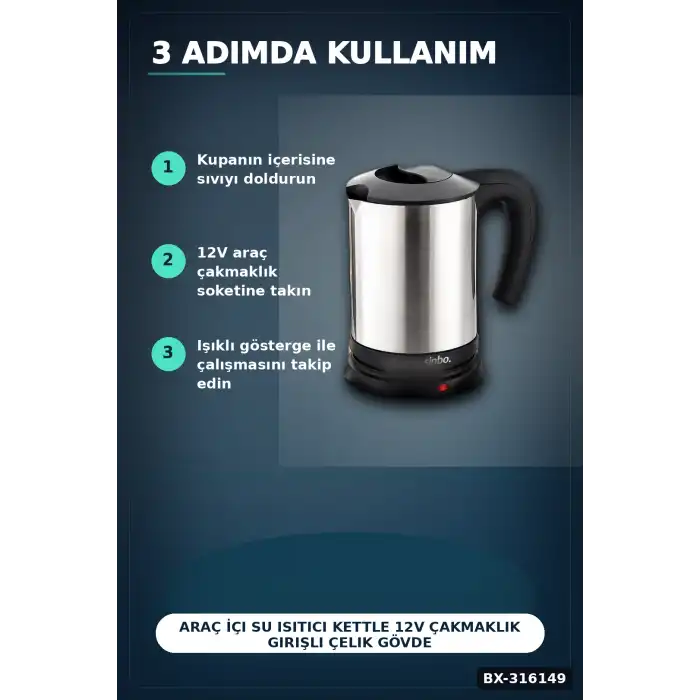 Araç İçi Su Isıtıcı Kettle 12V Çakmaklık Girişli Çelik Gövdeli Termos Kupa BX-316149