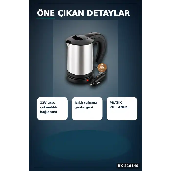 Araç İçi Su Isıtıcı Kettle 12V Çakmaklık Girişli Çelik Gövdeli Termos Kupa BX-316149