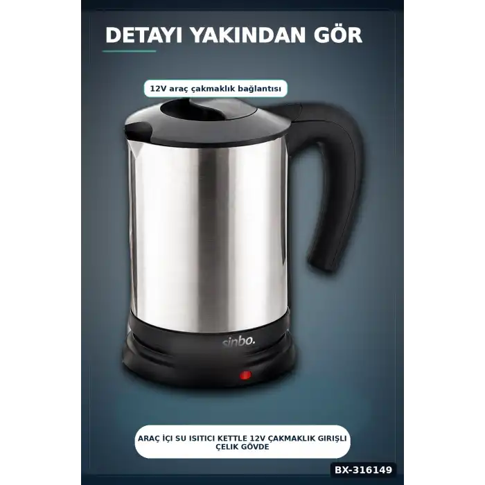Araç İçi Su Isıtıcı Kettle 12V Çakmaklık Girişli Çelik Gövdeli Termos Kupa BX-316149