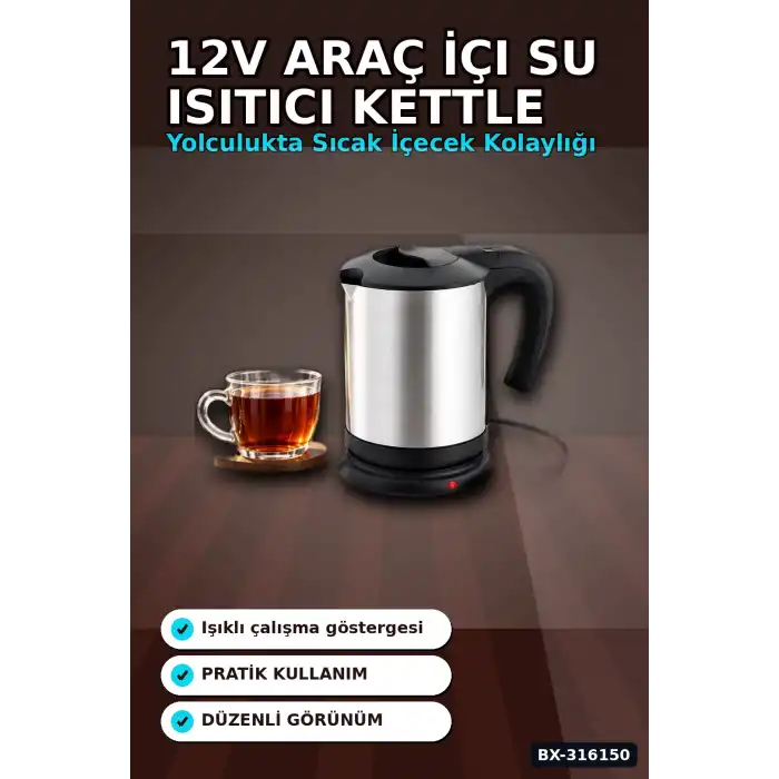 Oto Su Isıtıcı Kettle 12V Çakmaklık Girişli Paslanmaz Çelik Seyahat Tipi BX-316150