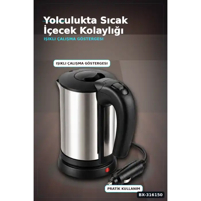 Oto Su Isıtıcı Kettle 12V Çakmaklık Girişli Paslanmaz Çelik Seyahat Tipi BX-316150