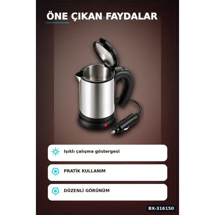 Oto Su Isıtıcı Kettle 12V Çakmaklık Girişli Paslanmaz Çelik Seyahat Tipi BX-316150