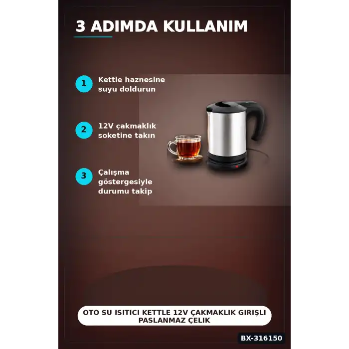 Oto Su Isıtıcı Kettle 12V Çakmaklık Girişli Paslanmaz Çelik Seyahat Tipi BX-316150