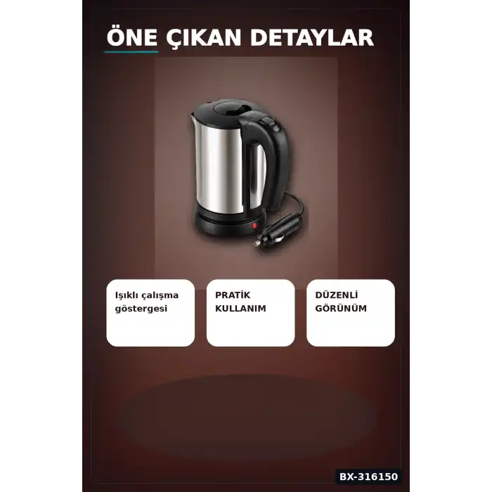 Oto Su Isıtıcı Kettle 12V Çakmaklık Girişli Paslanmaz Çelik Seyahat Tipi BX-316150