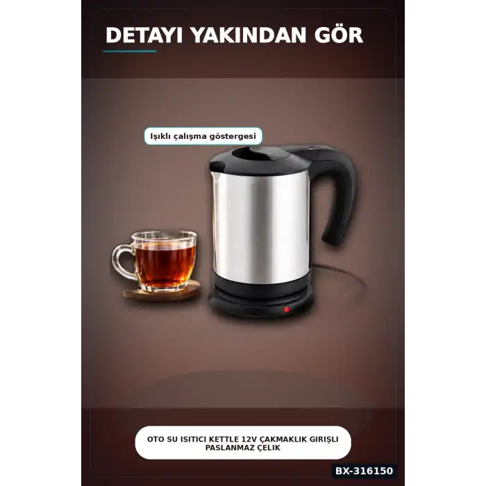 Oto Su Isıtıcı Kettle 12V Çakmaklık Girişli Paslanmaz Çelik Seyahat Tipi BX-316150
