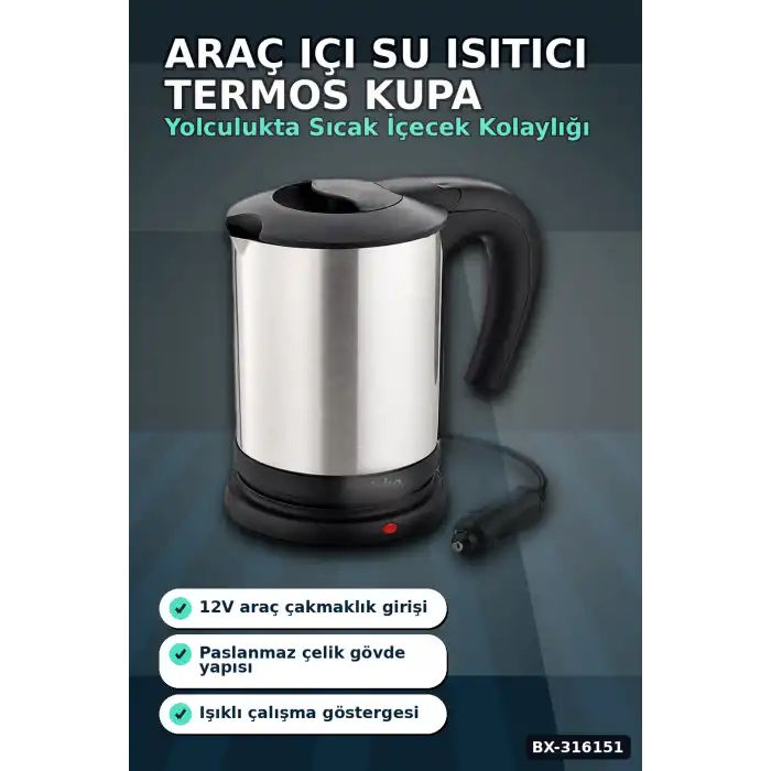 Araç İçi Su Isıtıcı Kettle 12V Çakmaklık Uyumlu Paslanmaz Çelik Termos Kupa BX-316151