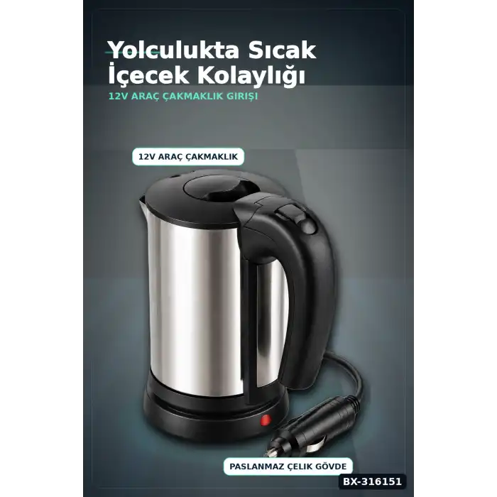 Araç İçi Su Isıtıcı Kettle 12V Çakmaklık Uyumlu Paslanmaz Çelik Termos Kupa BX-316151