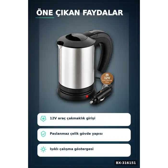 Araç İçi Su Isıtıcı Kettle 12V Çakmaklık Uyumlu Paslanmaz Çelik Termos Kupa BX-316151