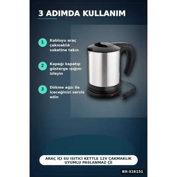 Araç İçi Su Isıtıcı Kettle 12V Çakmaklık Uyumlu Paslanmaz Çelik Termos Kupa BX-316151