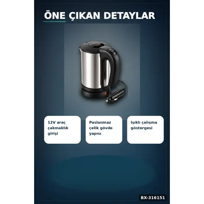 Araç İçi Su Isıtıcı Kettle 12V Çakmaklık Uyumlu Paslanmaz Çelik Termos Kupa BX-316151
