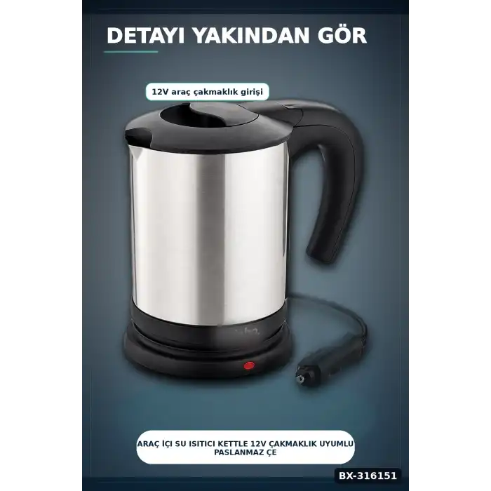 Araç İçi Su Isıtıcı Kettle 12V Çakmaklık Uyumlu Paslanmaz Çelik Termos Kupa BX-316151