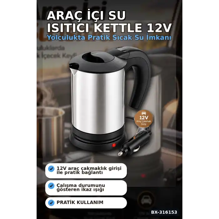 Araç İçi Su Isıtıcı Kettle 12V Çakmaklık Girişli Paslanmaz Çelik Termos Bardak BX-316153