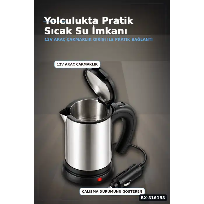 Araç İçi Su Isıtıcı Kettle 12V Çakmaklık Girişli Paslanmaz Çelik Termos Bardak BX-316153