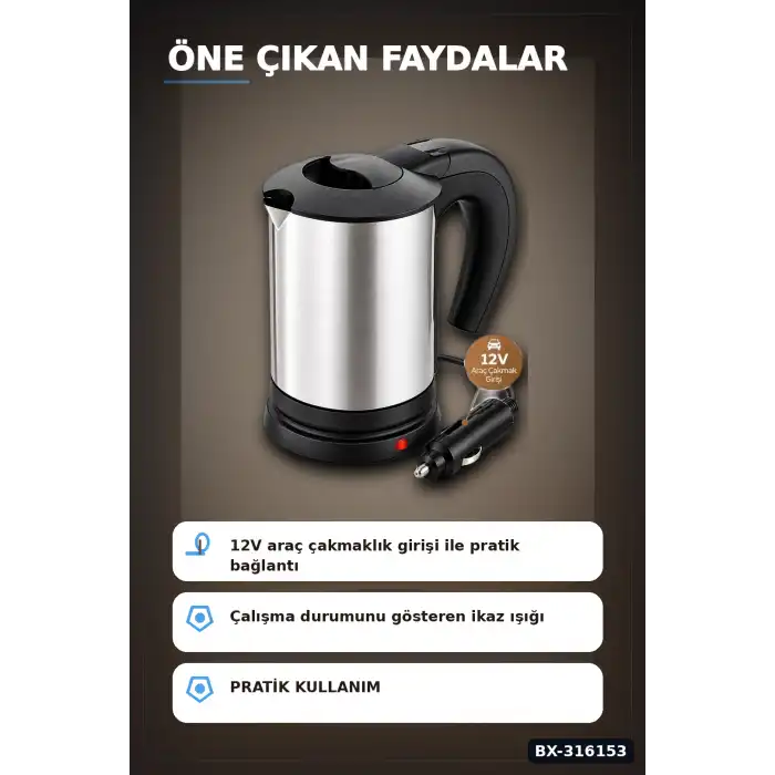 Araç İçi Su Isıtıcı Kettle 12V Çakmaklık Girişli Paslanmaz Çelik Termos Bardak BX-316153