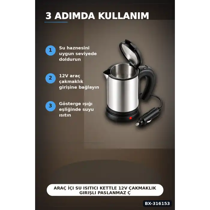 Araç İçi Su Isıtıcı Kettle 12V Çakmaklık Girişli Paslanmaz Çelik Termos Bardak BX-316153