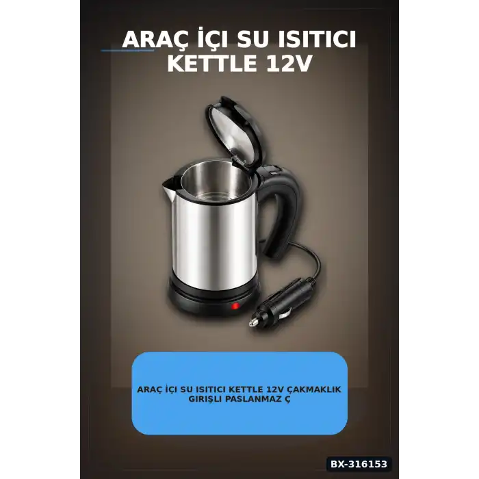 Araç İçi Su Isıtıcı Kettle 12V Çakmaklık Girişli Paslanmaz Çelik Termos Bardak BX-316153