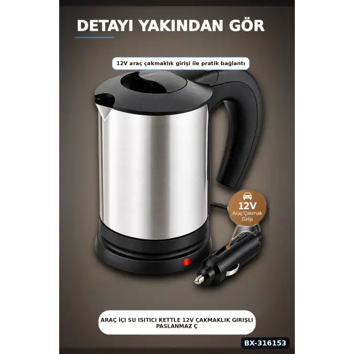 Araç İçi Su Isıtıcı Kettle 12V Çakmaklık Girişli Paslanmaz Çelik Termos Bardak BX-316153