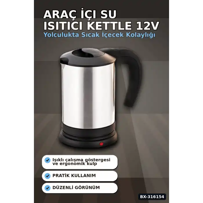 Araç İçi Su Isıtıcı Kettle 12V Çakmaklık Girişli Paslanmaz Çelik Termos BX-316154