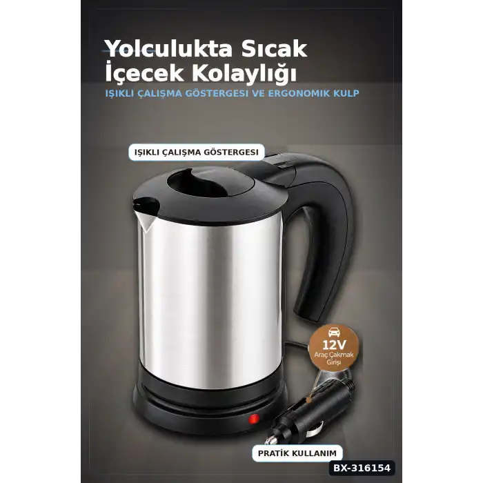 Araç İçi Su Isıtıcı Kettle 12V Çakmaklık Girişli Paslanmaz Çelik Termos BX-316154