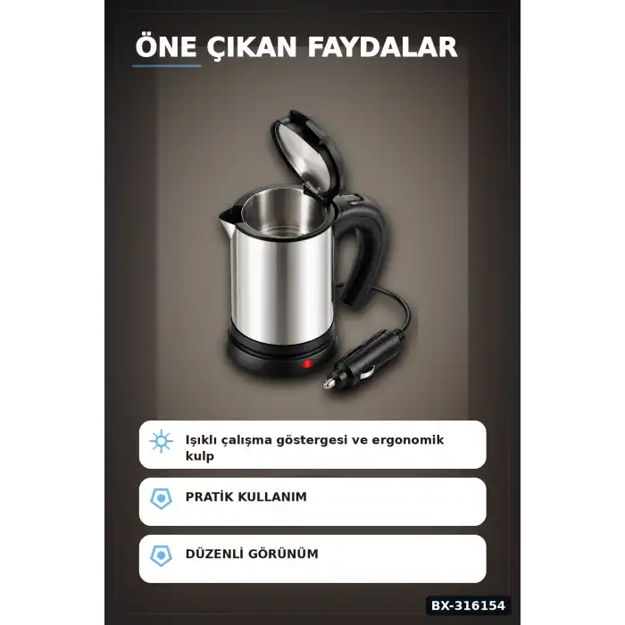 Araç İçi Su Isıtıcı Kettle 12V Çakmaklık Girişli Paslanmaz Çelik Termos BX-316154