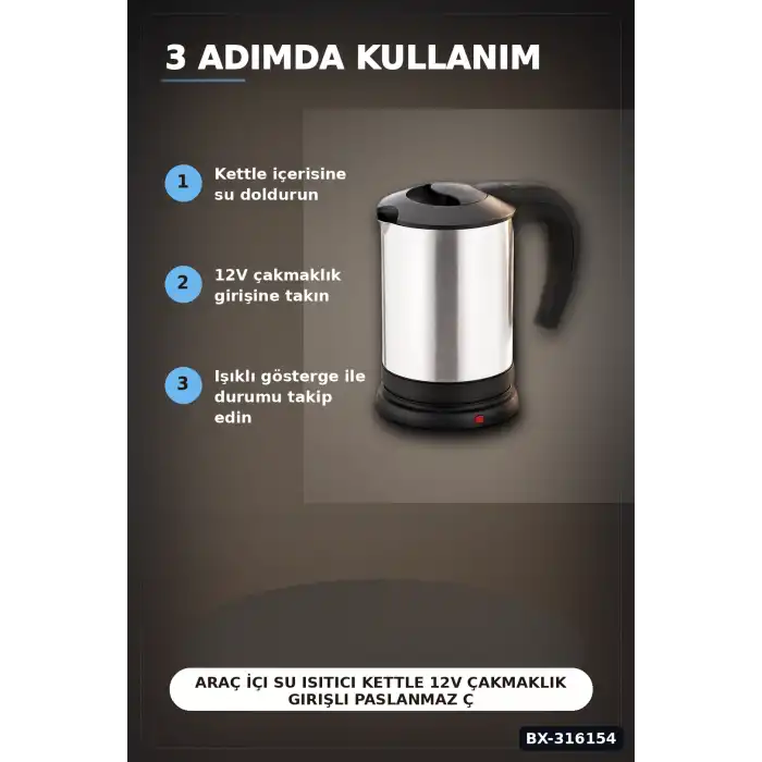 Araç İçi Su Isıtıcı Kettle 12V Çakmaklık Girişli Paslanmaz Çelik Termos BX-316154