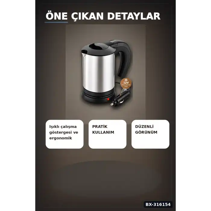 Araç İçi Su Isıtıcı Kettle 12V Çakmaklık Girişli Paslanmaz Çelik Termos BX-316154