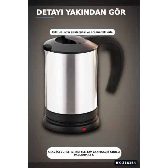 Araç İçi Su Isıtıcı Kettle 12V Çakmaklık Girişli Paslanmaz Çelik Termos BX-316154
