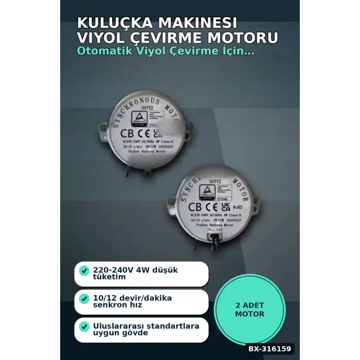 Kuluçka Makinesi Viyol Çevirme Motoru 50 TYZ 10/12 RPM Otomatik - 2 Adet BX-316159