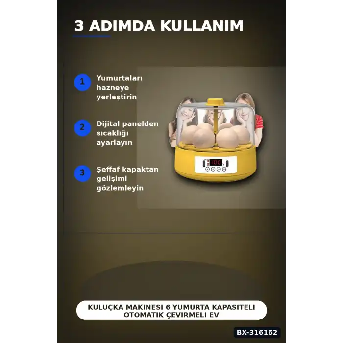 Kuluçka Makinesi 6 Yumurta Kapasiteli Otomatik Çevirmeli Ev Tipi Elektrikli BX-316162