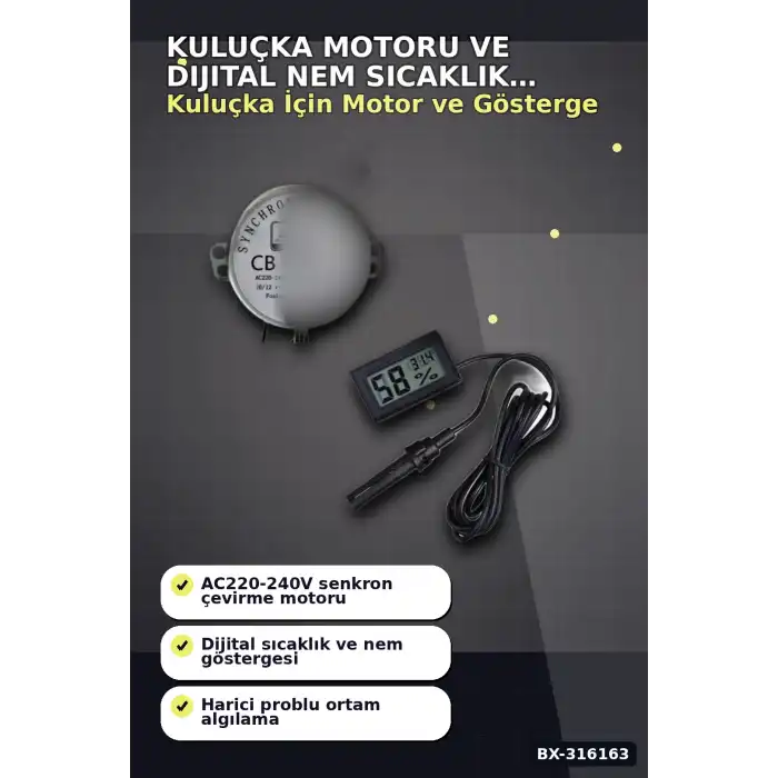 Kuluçka Motoru 50 TYZ 10/12 RPM Viyol Çevirici ve Problu Dijital Nem Sıcaklık Ölçer Seti BX-316163