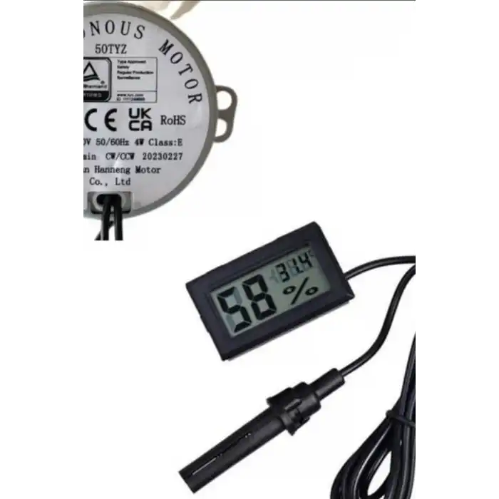 Kuluçka Motoru 50 TYZ 10/12 RPM Viyol Çevirici ve Problu Dijital Nem Sıcaklık Ölçer Seti BX-316163