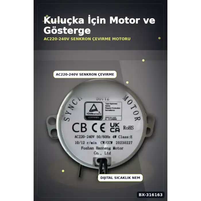 Kuluçka Motoru 50 TYZ 10/12 RPM Viyol Çevirici ve Problu Dijital Nem Sıcaklık Ölçer Seti BX-316163