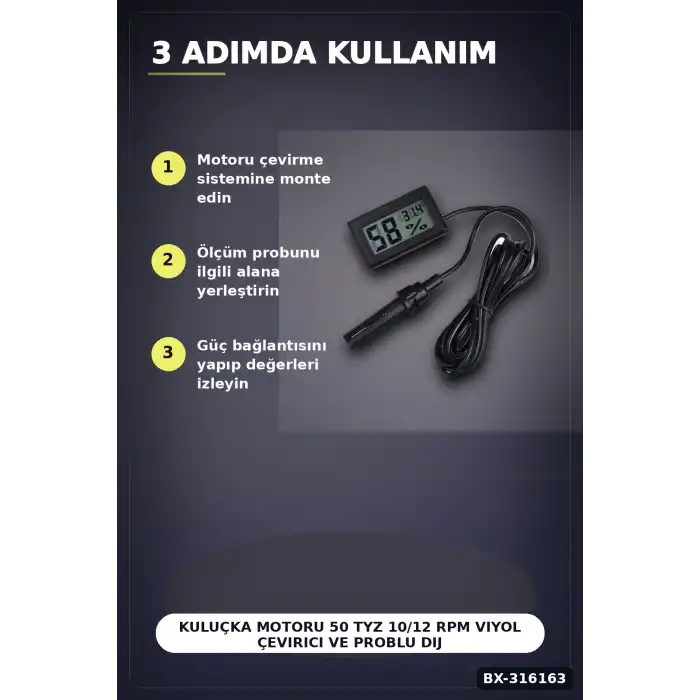 Kuluçka Motoru 50 TYZ 10/12 RPM Viyol Çevirici ve Problu Dijital Nem Sıcaklık Ölçer Seti BX-316163