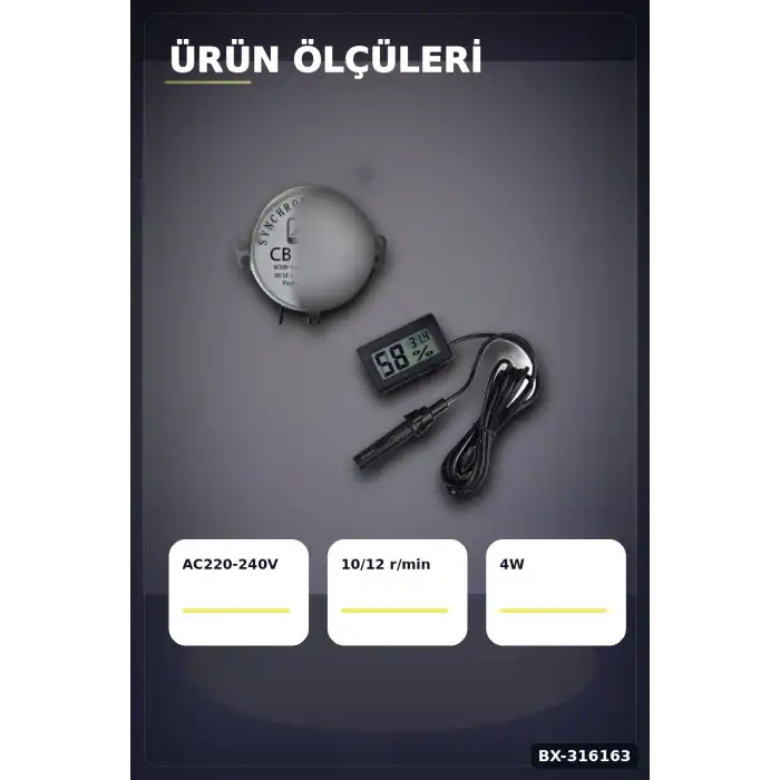 Kuluçka Motoru 50 TYZ 10/12 RPM Viyol Çevirici ve Problu Dijital Nem Sıcaklık Ölçer Seti BX-316163