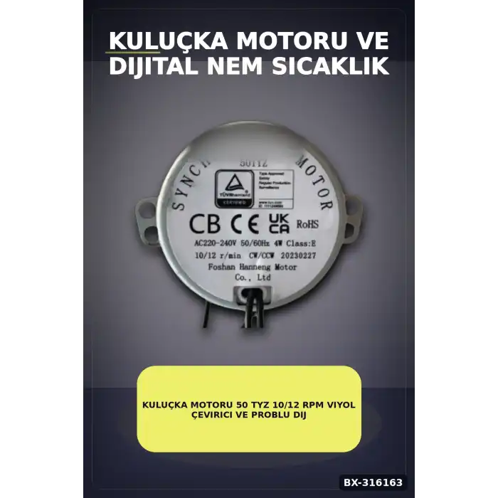 Kuluçka Motoru 50 TYZ 10/12 RPM Viyol Çevirici ve Problu Dijital Nem Sıcaklık Ölçer Seti BX-316163