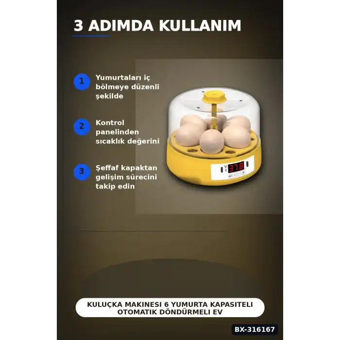 Kuluçka Makinesi 6 Yumurta Kapasiteli Otomatik Döndürmeli Ev Tipi Mini BX-316167