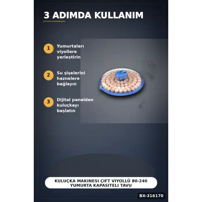 Kuluçka Makinesi Çift Viyollü 80-240 Yumurta Kapasiteli Tavuk Kaz Bıldırcın BX-316170