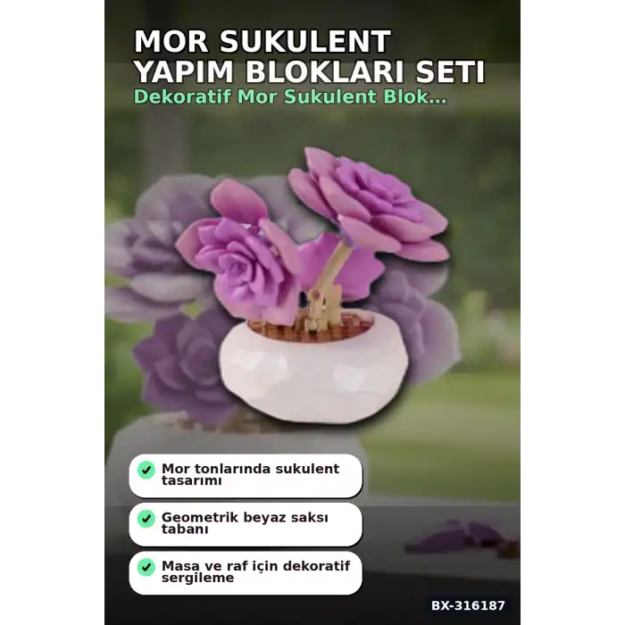 Mor Sukulent Yapım Blokları Seti - 76 Parça Bitki Modeli Masa Üstü Dekoratif Oyuncak BX-316187