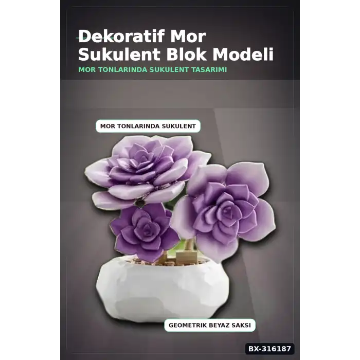 Mor Sukulent Yapım Blokları Seti - 76 Parça Bitki Modeli Masa Üstü Dekoratif Oyuncak BX-316187