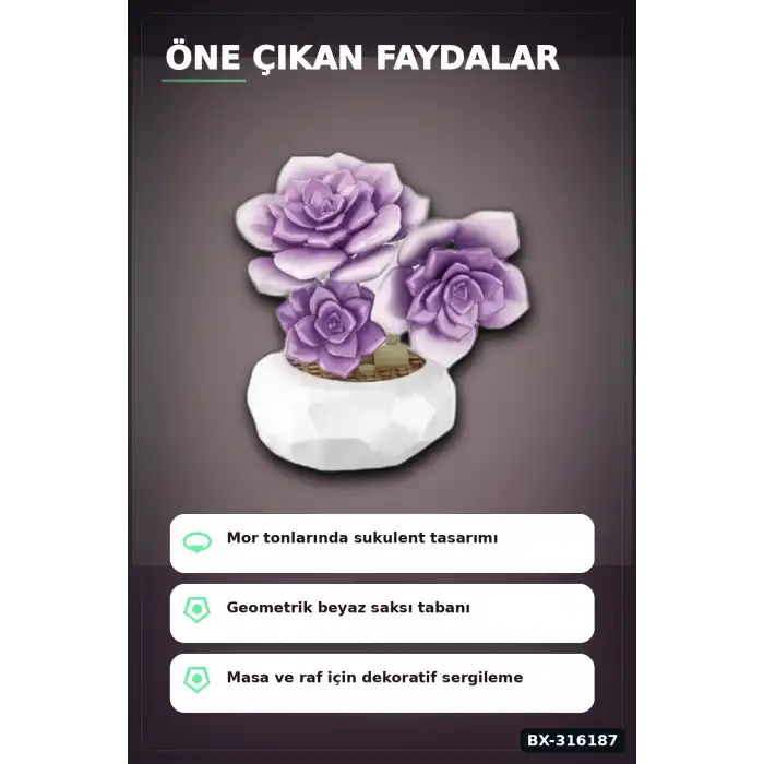 Mor Sukulent Yapım Blokları Seti - 76 Parça Bitki Modeli Masa Üstü Dekoratif Oyuncak BX-316187