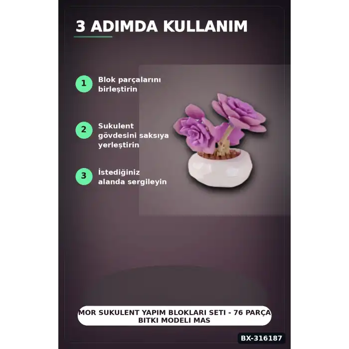 Mor Sukulent Yapım Blokları Seti - 76 Parça Bitki Modeli Masa Üstü Dekoratif Oyuncak BX-316187