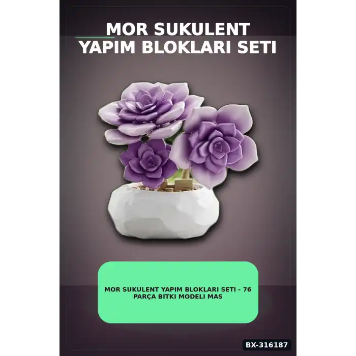 Mor Sukulent Yapım Blokları Seti - 76 Parça Bitki Modeli Masa Üstü Dekoratif Oyuncak BX-316187