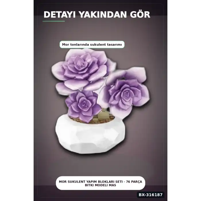 Mor Sukulent Yapım Blokları Seti - 76 Parça Bitki Modeli Masa Üstü Dekoratif Oyuncak BX-316187
