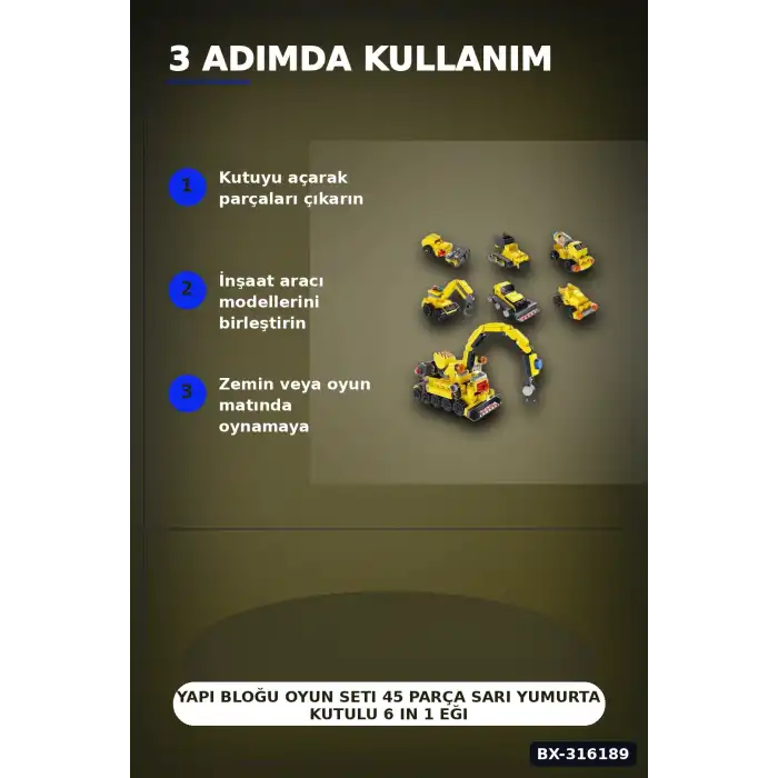 Yapı Bloğu Oyun Seti 45 Parça Sarı Yumurta Kutulu 6 in 1 Eğitici Çocuk Oyuncak BX-316189