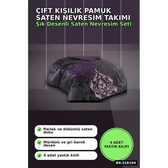 Çift Kişilik Pamuk Saten Nevresim Takımı - 4 Yastık Kılıflı Mürdüm Set BX-316194