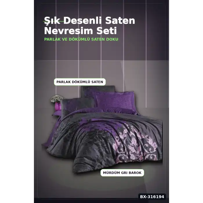 Çift Kişilik Pamuk Saten Nevresim Takımı - 4 Yastık Kılıflı Mürdüm Set BX-316194