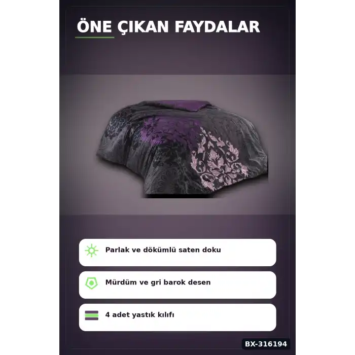 Çift Kişilik Pamuk Saten Nevresim Takımı - 4 Yastık Kılıflı Mürdüm Set BX-316194