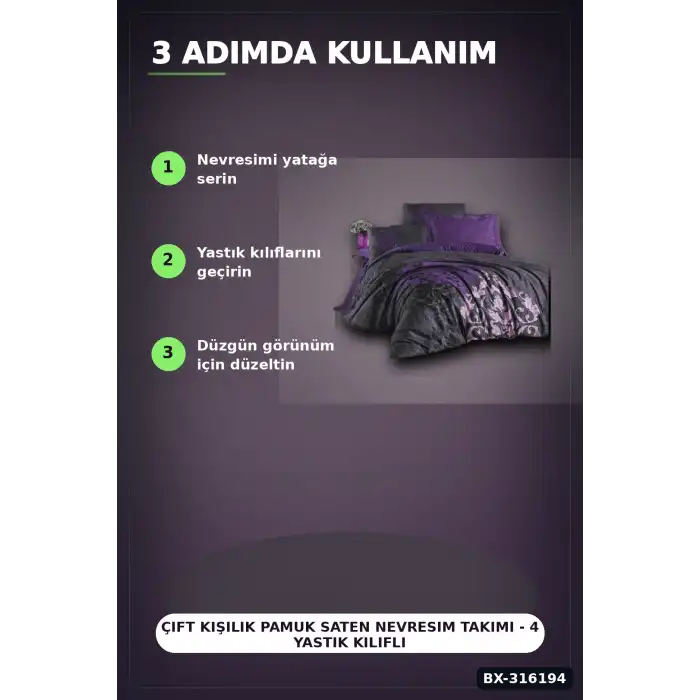 Çift Kişilik Pamuk Saten Nevresim Takımı - 4 Yastık Kılıflı Mürdüm Set BX-316194