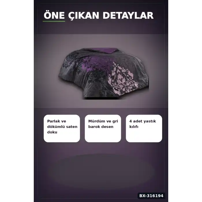 Çift Kişilik Pamuk Saten Nevresim Takımı - 4 Yastık Kılıflı Mürdüm Set BX-316194