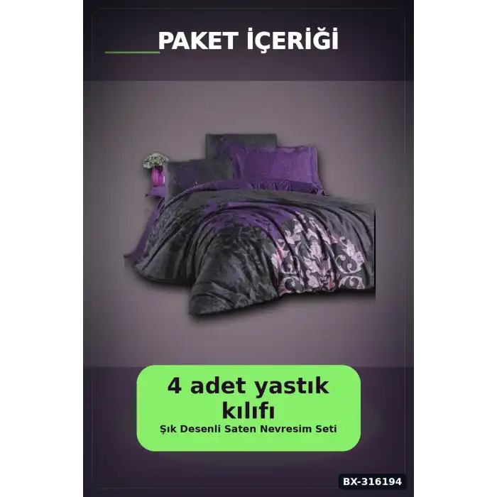 Çift Kişilik Pamuk Saten Nevresim Takımı - 4 Yastık Kılıflı Mürdüm Set BX-316194